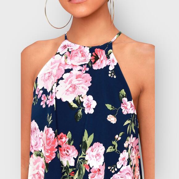 Lulus In the Garden Floral Romper XL Navy Blue Halter High Neck Garden Party - Picture 7 of 11